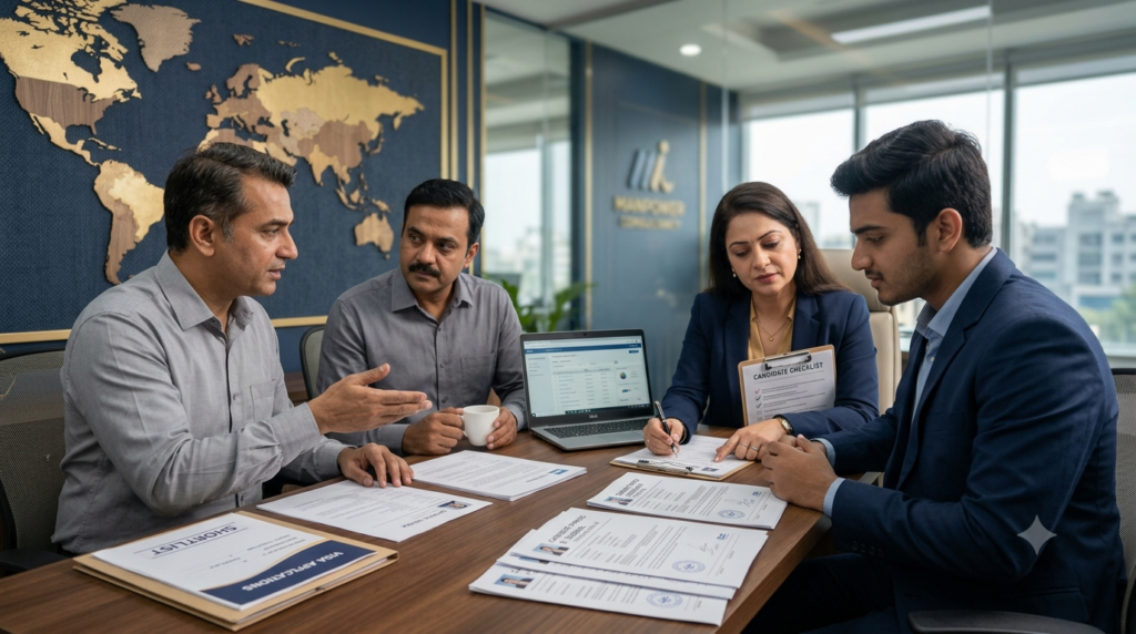 Recruitment consultant assisting a job seeker at a trusted Delhi manpower office